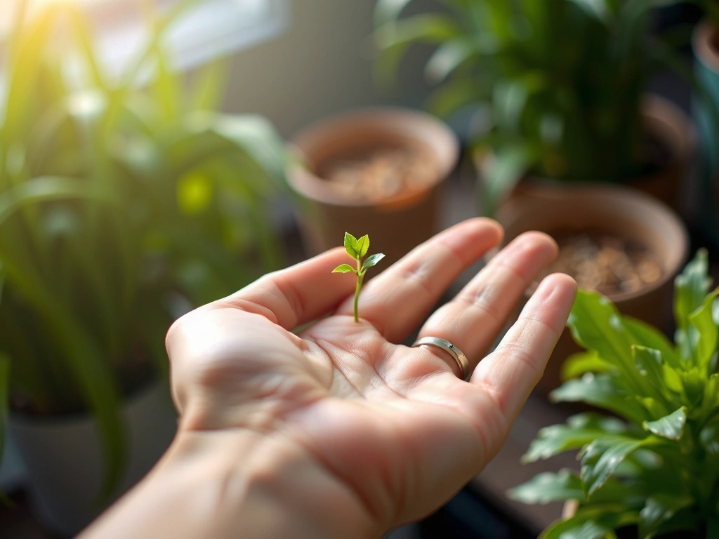 A hand gently holding a sprouting plant with soft, natural light, symbolizing growth and natural wellness.