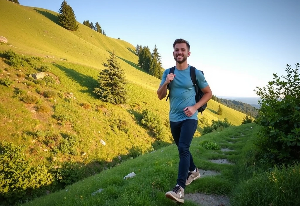 A man on a hiking trail, looking energetic and healthy, surrounded by nature.