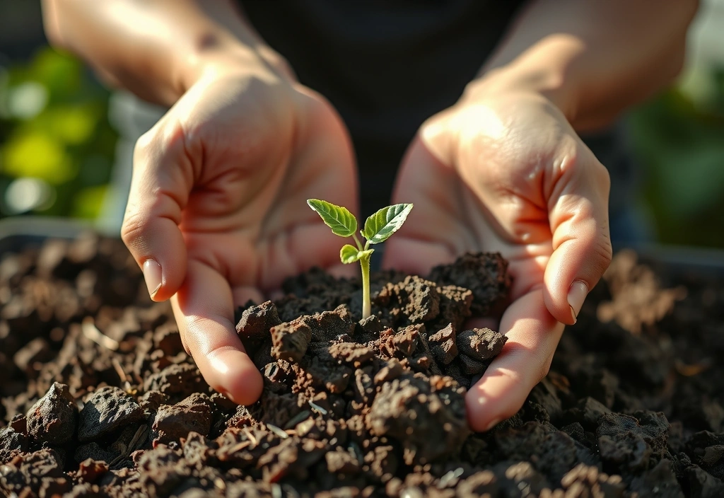 Hand holding a plant sprout, symbolizing growth and natural origin